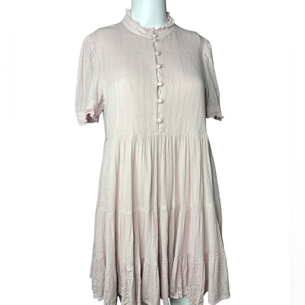 Aqua Short Sleeve Ruffle Mini Dress Pink & Silver Size Medium